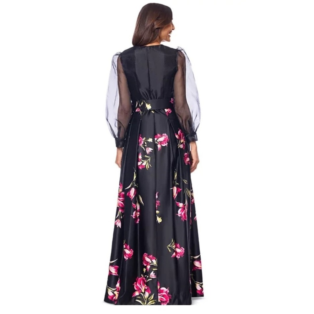 Betsy & Adam 6 Organza-Sleeve Floral on Black Belted Satin Gown Plunging V-Neck - Picture 3 of 11